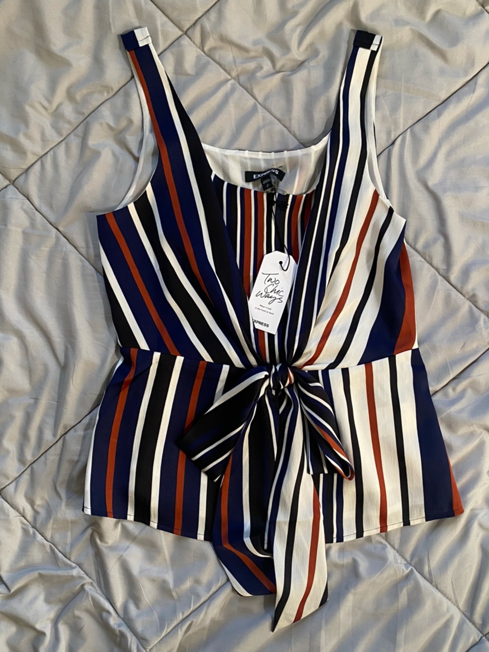 Express Striped Tie-Front Tank in Navy, White & Rust